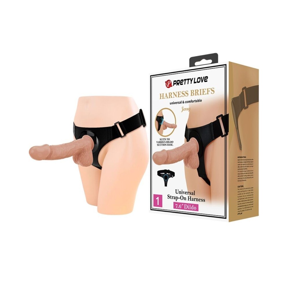 PRETTY LOVE - SLIP HARNAIS HARNAIS UNIVERSEL AVEC GODE JERRY 21,8 CM NATUREL