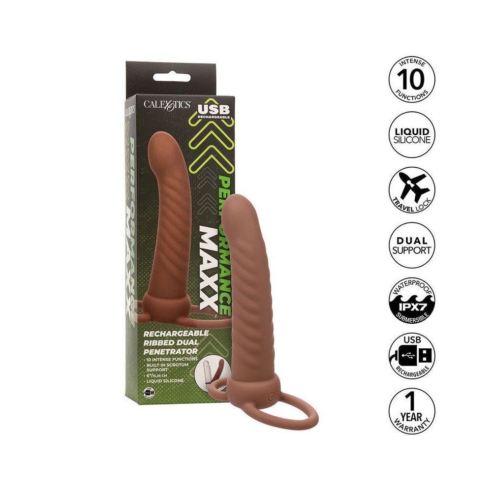 CALEXOTICS - MAXX RIBBED DOUBLE PÉNÉTRATEUR 10 VIBRATIONS MARRON