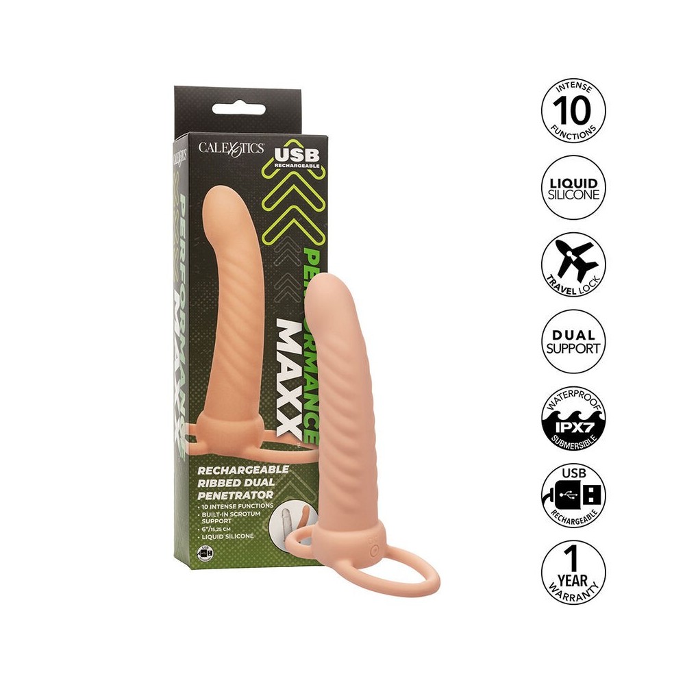 CALEXOTICS - MAXX RIBBED DOUBLE PÉNÉTRATEUR 10 VIBRATIONS FLESH