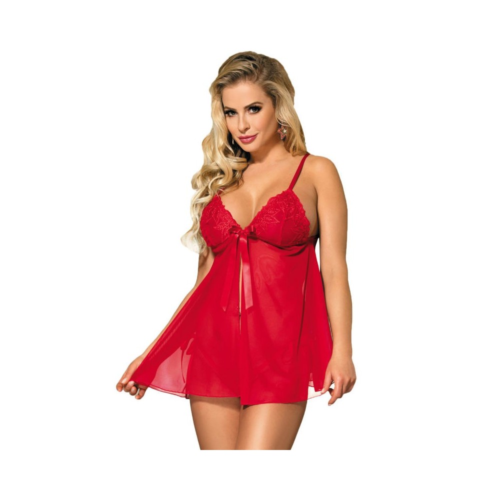 SUBBLIME - BABYDOLL AVEC NOEUD ET LACETS FLORAUX ROUGE S / M