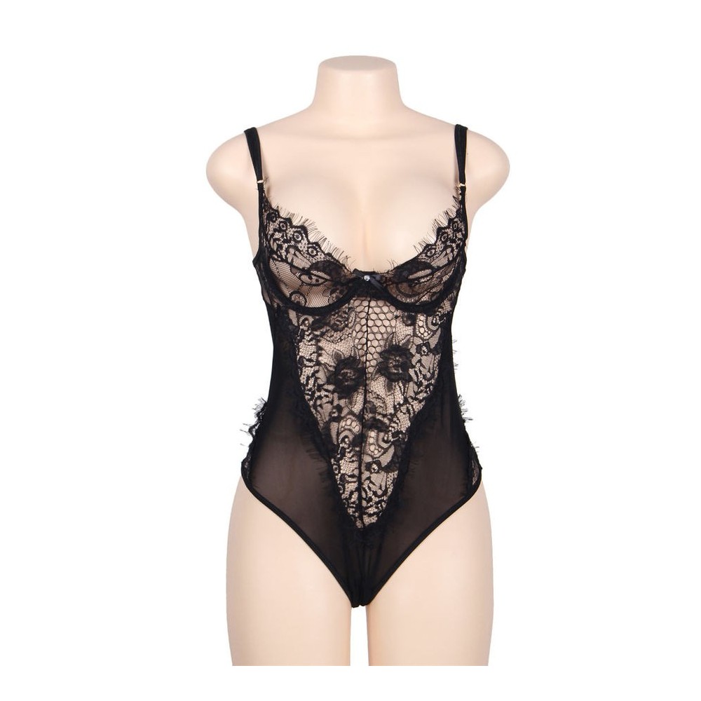 SUBBLIME - QUEEN PLUS DENTELLE FLORALE ET TEDDY NOIR FRANGES