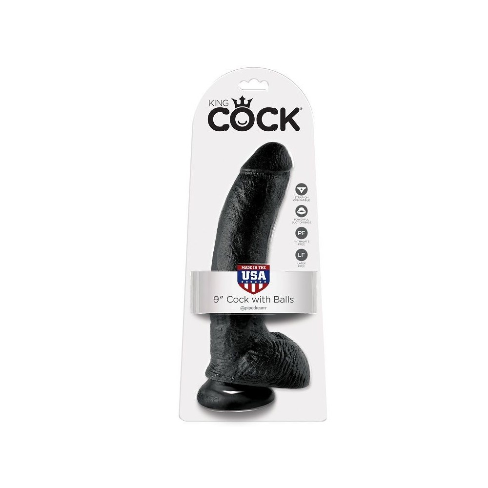 KING COCK - 9 DILDO PRETO COM BOLAS 22.9 CM