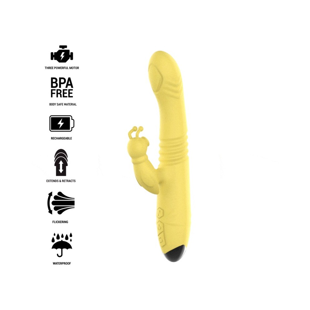 INTENSE - VIBRADOR MULTIFUNO TOKY PARA CIMA E PARA BAIXO COM ESTIMULADOR CLITÓRICO AMARELO