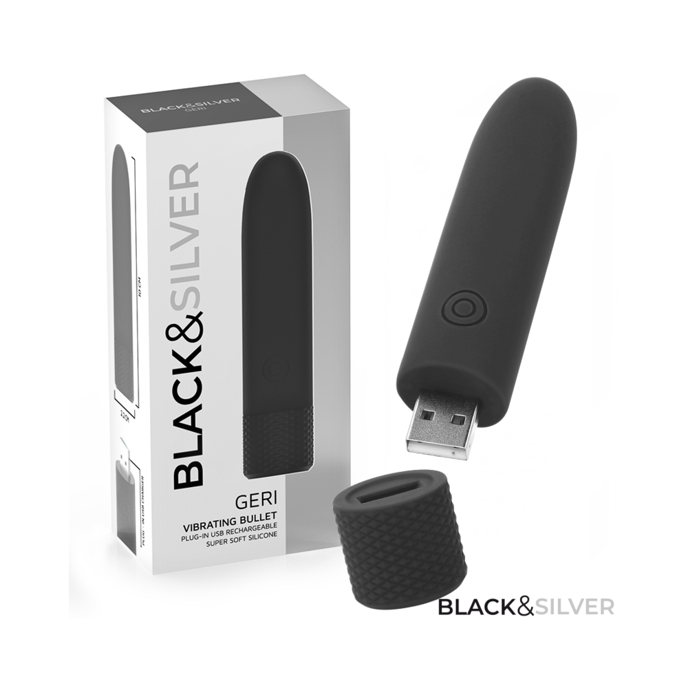 BLACK & SILVER - GERI USB RECARREGÁVEL VIBRATÓRIA BULLET 8 VIBRAÇÕES PRETO 10 X 2,2 CM