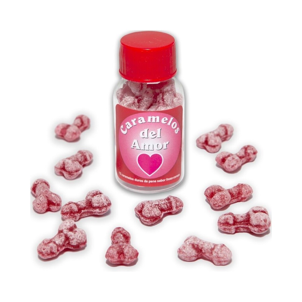 DIABLO PICANTE - 12 CARAMELLE DAMORE A FORMA DI PENE FRAGOLA/CILIEGIA
