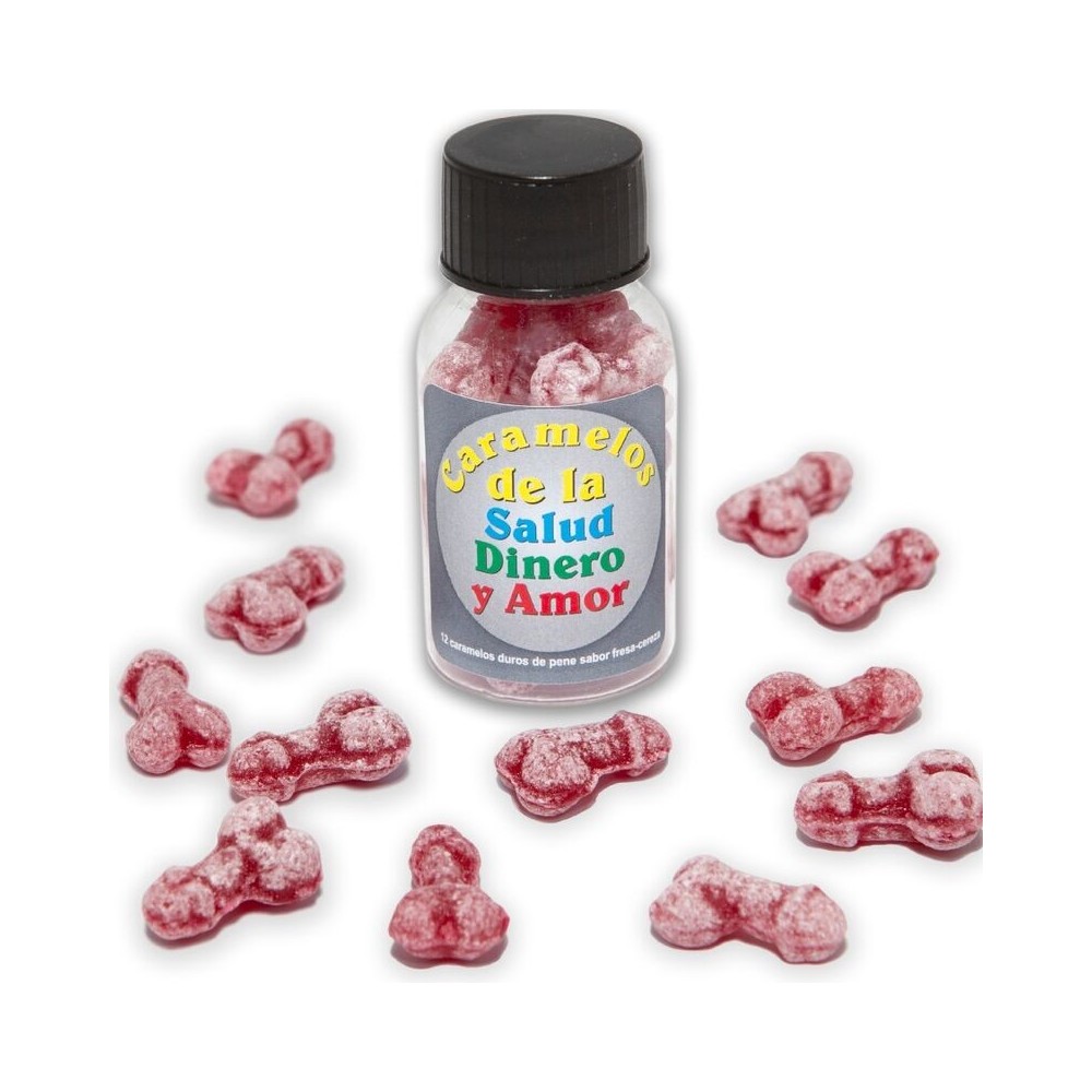 DIABLO PICANTE - 12 CARAMELLE SALUTE-SOLDI-AMORE A FORMA DI PENE FRAGOLA/CILIEGIA