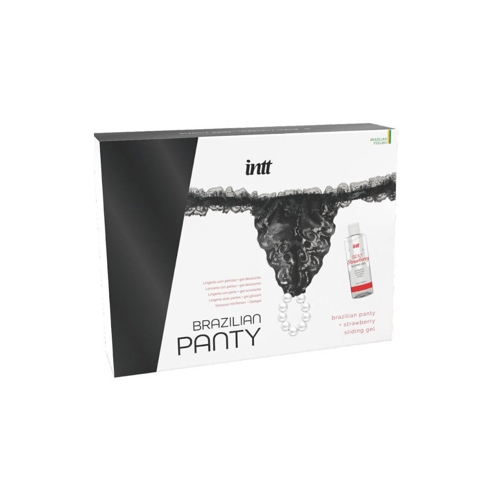 INTT RELEASES - BLACK BRAZILIAN PANTY WITH PEARLS AND LUBRICATING GEL 50 ML