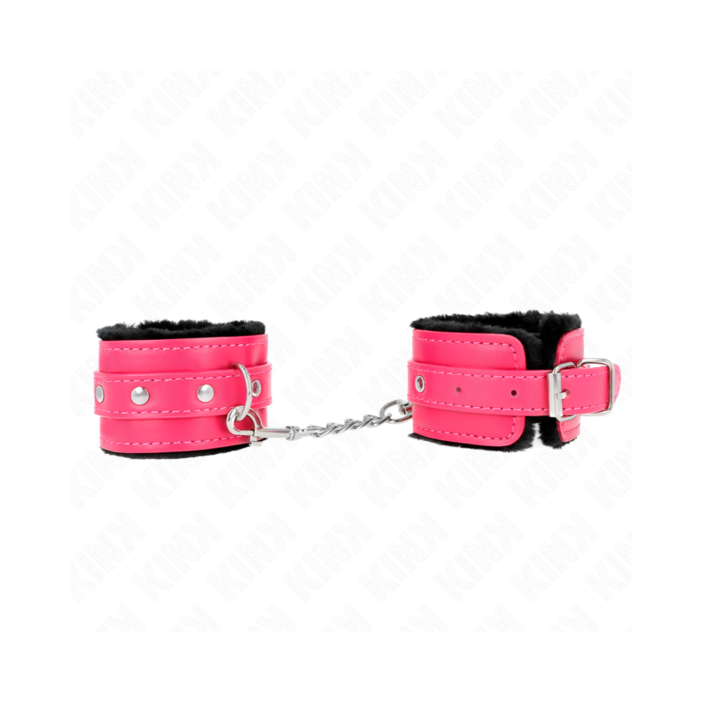KINK - PREMIUM PELZGEFÜTTERTE HANDGELENKFESSELN SCHWARZ MIT HIMBEERROSEN-GÜRTEL VERSTELLBAR 17-29 CM X 6 CM