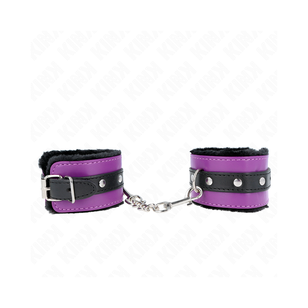 KINK - APPUI-POIGNETS DOUBLÉS DE FOURRURE PREMIUM NOIR AVEC CEINTURE VIOLET / NOIRE RÉGLABLE 17-29 CM X 6 CM