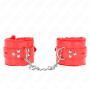 KINK - FUR LINED WRIST RESTRAINTS WITH SQUARE HOLES RED AND RED BELT ADJUSTABLE 17-29 CM X 6 CM
