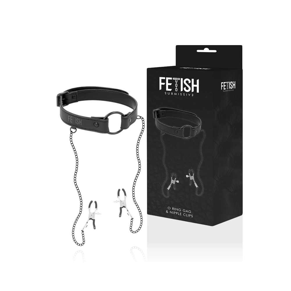 FETISH SUBMISSIVE - ANELLO GAG CON MORSETTI PER CAPEZZOLI