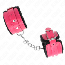 KINK - PREMIUM FUR LINED WRIST RESTRAINTS BLACK WITH RASPBERRY ROSE BELT ADJUSTABLE 17-29 CM X 6 CM