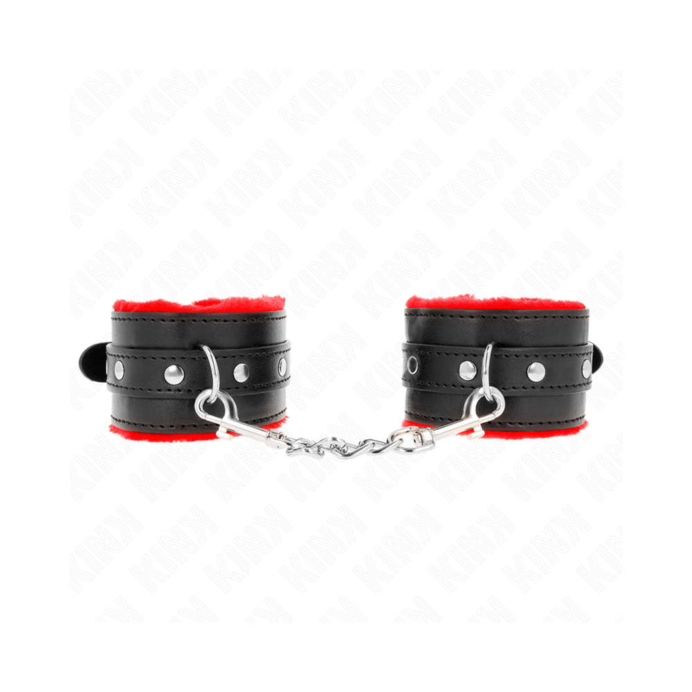 KINK - PREMIUM FUR LINED WRIST RESTRAINTS RED WITH BLACK BELT ADJUSTABLE 17-29 CM X 6 CM