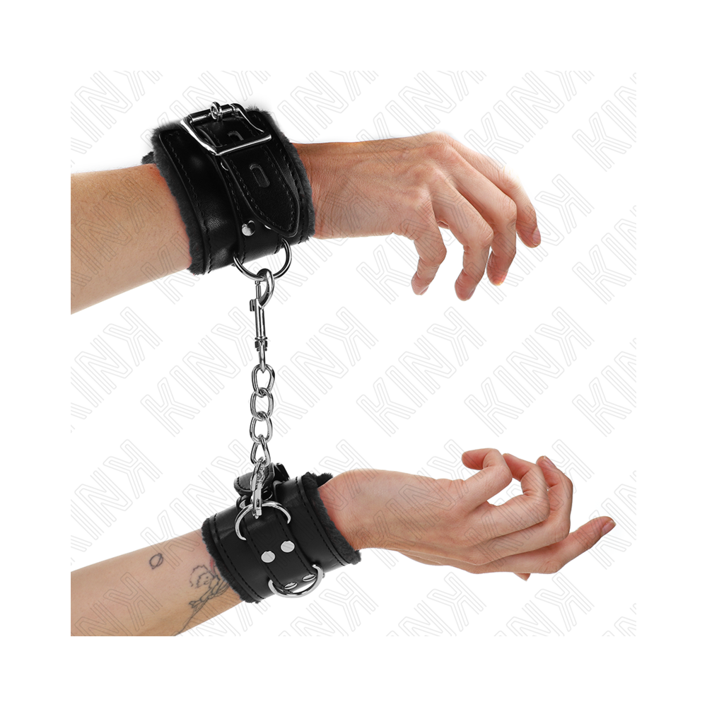 KINK - FUR LINED WRIST RESTRAINTS BLACK WITH BLACK BELT ADJUSTABLE 17-29 CM X 6 CM