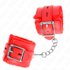 KINK - FUR LINED WRIST RESTRAINTS WITH SQUARE HOLES RED AND RED BELT ADJUSTABLE 17-29 CM X 6 CM