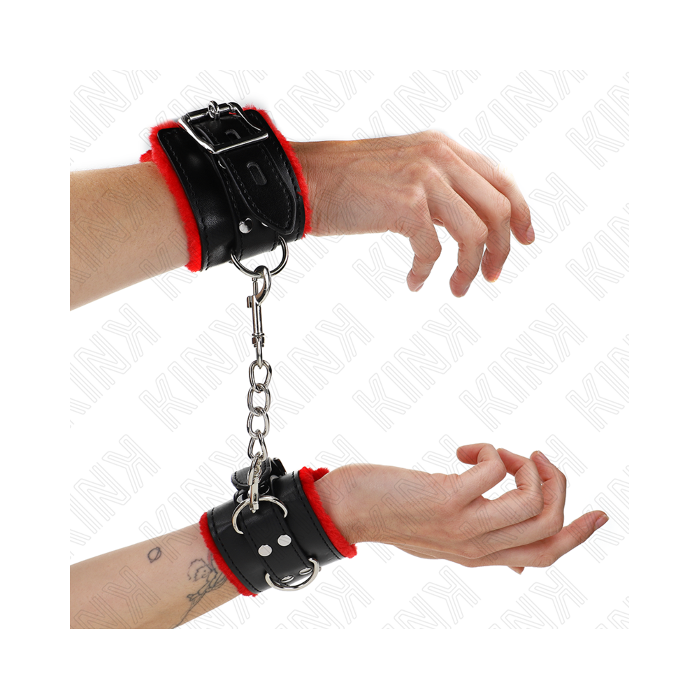 KINK - FUR LINED WRIST RESTRAINTS WITH SQUARE HOLES RED AND BLACK BELT ADJUSTABLE 17-29 CM X 6 CM