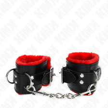 KINK - FUR LINED WRIST RESTRAINTS WITH SQUARE HOLES RED AND BLACK BELT ADJUSTABLE 17-29 CM X 6 CM