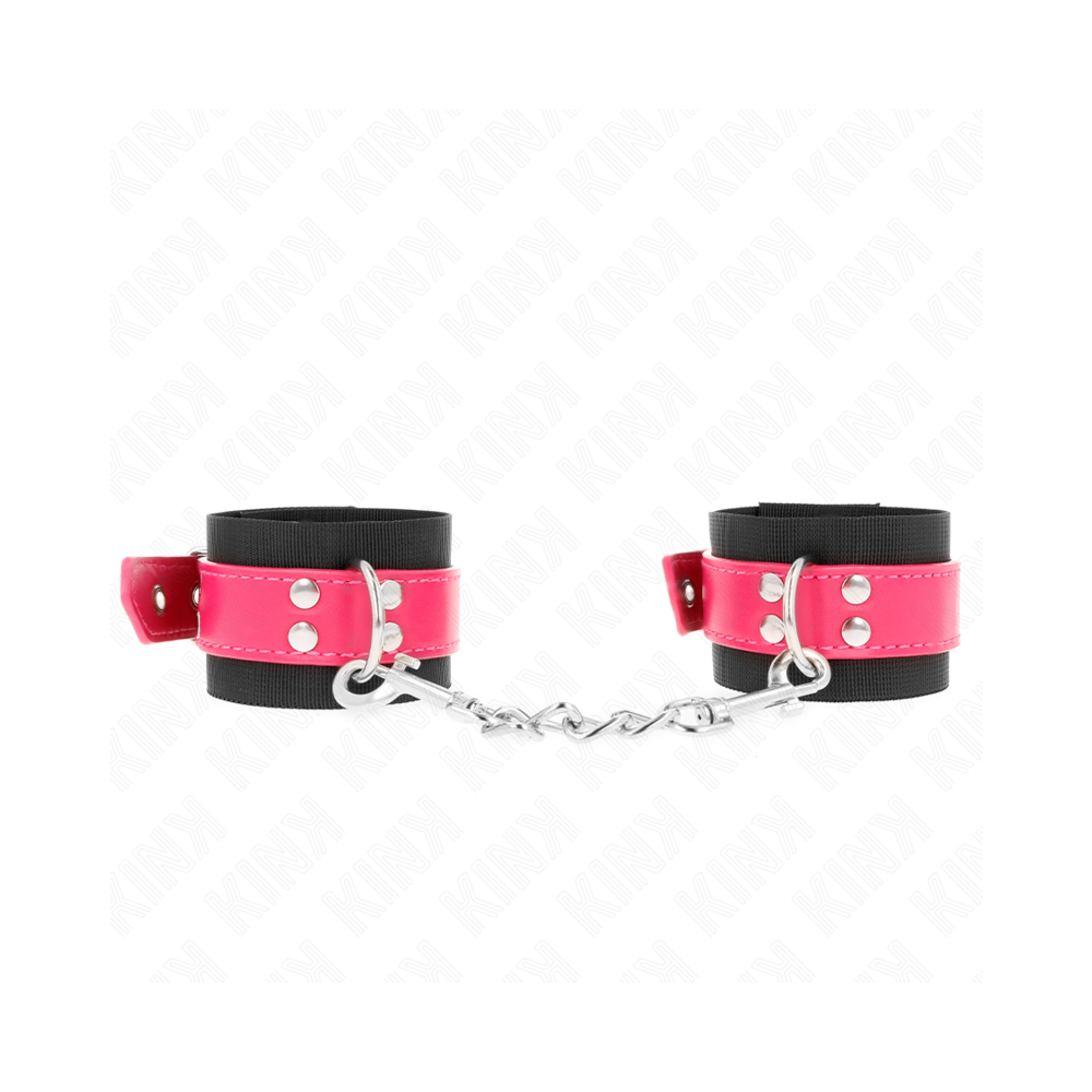 KINK - NYLON WRIST RESTRAINTS BLACK WITH LEATHERETTE BELT RASPBERRY ROSE ADJUSTABLE 19-29 CM X 5.1 CM