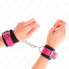 KINK - NYLON WRIST RESTRAINTS BLACK WITH LEATHERETTE BELT RASPBERRY ROSE ADJUSTABLE 19-29 CM X 5.1 CM