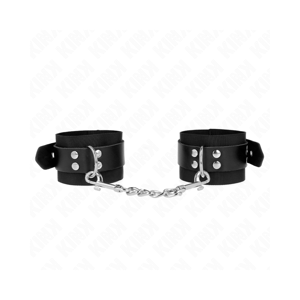 KINK - NYLON WRIST RESTRAINTS BLACK WITH LEATHER BELT BLACK ADJUSTABLE 19-29 CM X 5.1 CM