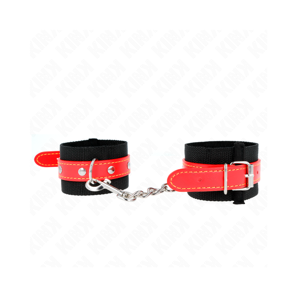 KINK - NYLON WRIST RESTRAINTS BLACK WITH LEATHERETTE RED ADJUSTABLE 19-24 CM X 5.5 CM