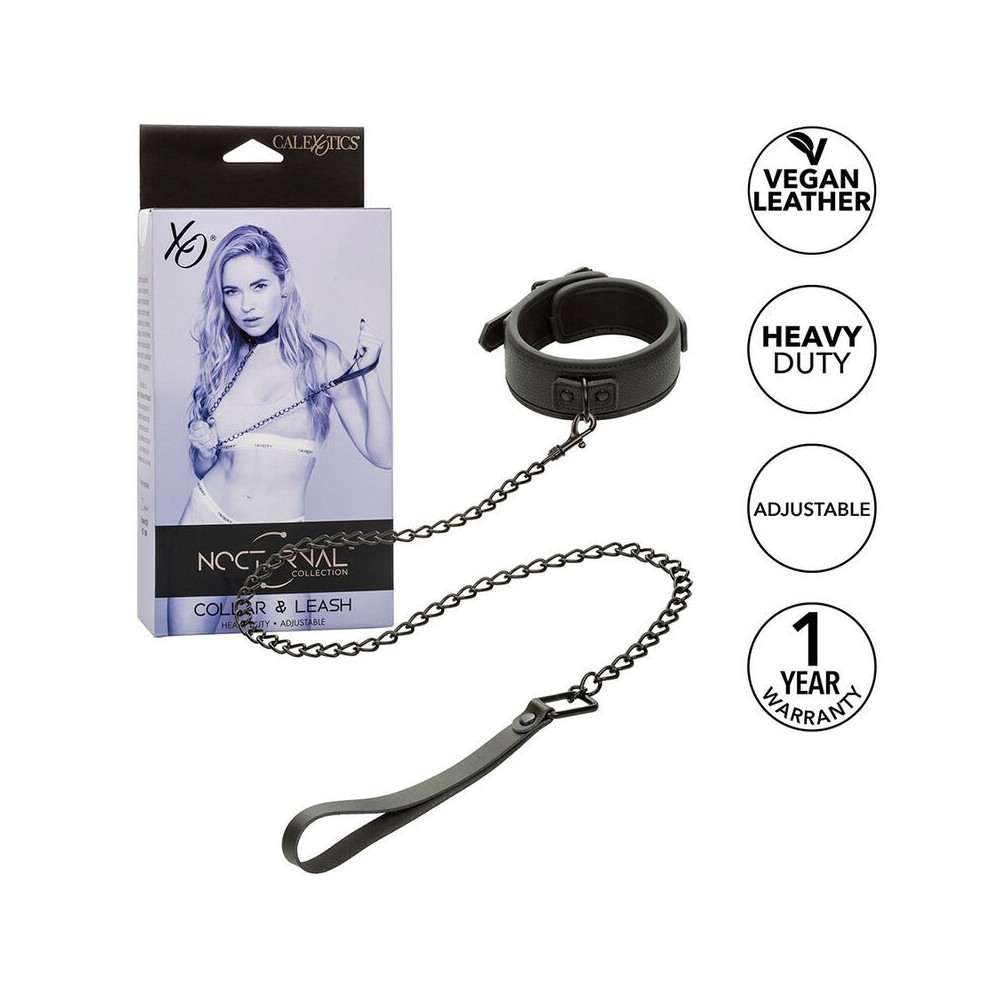 CALEXOTICS - NOCTURNAL COLLAR & LEASH LEATHER ADJUSTABLE BLACK