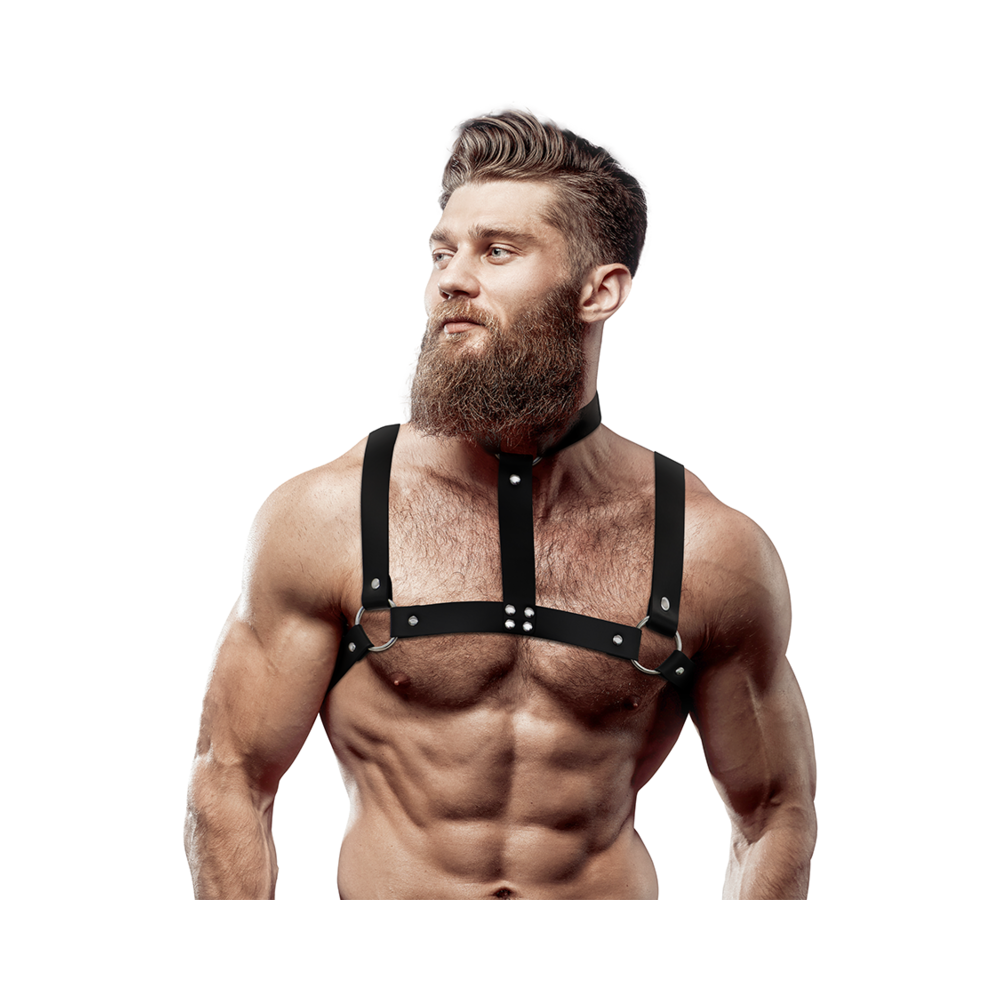 FETISH SUBMISSIVE ATTITUDE - HARNAIS DE POITRINE AVEC COLLIER RÉGLABLE EN CUIR ÉCOLOGIQUE HOMME