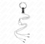 KINK - ANEL DE PÊNIS DE METAL TRIPLO CROMADO DE 3 CM A 4,5 CM COM CORRENTE DE METAL DE 26 CM E CLIPES DE MAMILO