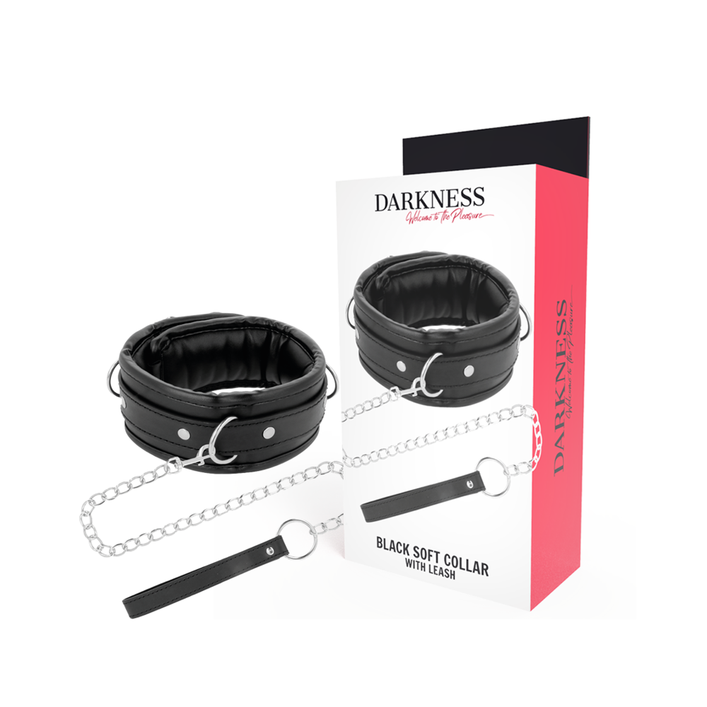 DARKNESS - SCHWARZES WEICHES HALSBAND MIT LEDER-LEINE