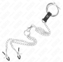 KINK - ANEL DE PÊNIS TRIPLO DE METAL CROMADO DE 3,8 CM A 5 CM COM CORRENTE DE METAL DE 26 CM E GRAMPOS DE MAMILOS MODELO 1