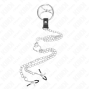 KINK - ANEL DE PÊNIS TRIPLO DE METAL CROMADO DE 3 CM A 4,5 CM COM CORRENTE DE METAL DE 26 CM E CLIPES DE MAMILO