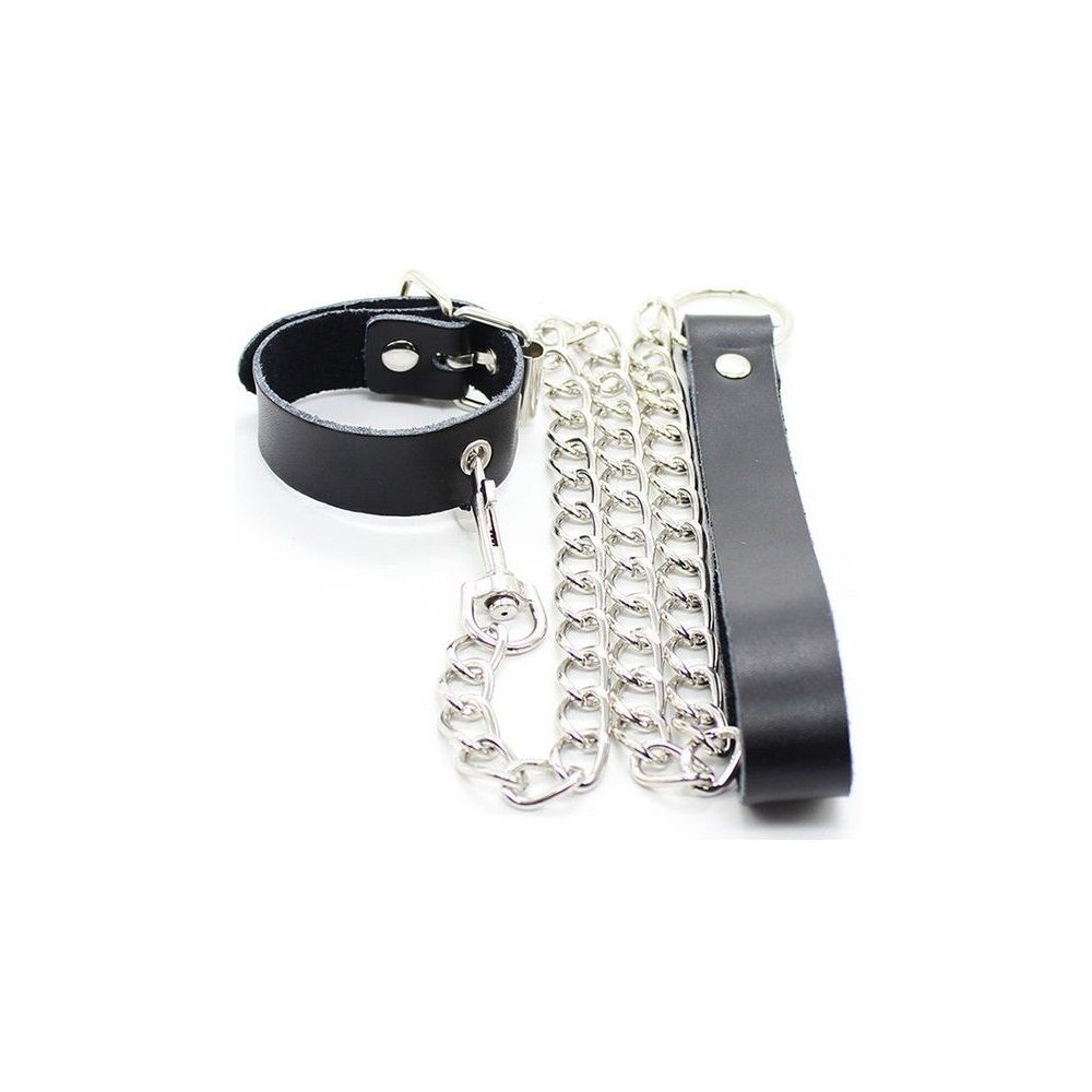 OHMAMA FETISH - COLLAR WITH LEATHER SUPPORT FOR PENIS AND METAL CHAIN