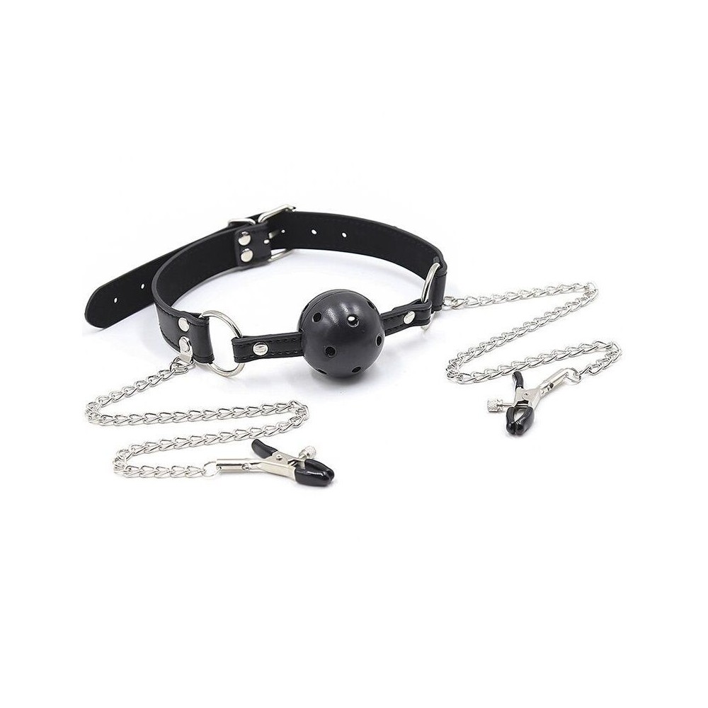 OHMAMA FETISH - BALL GAG WITH VENTS AND NIPPLE CLAMPS