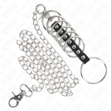 KINK - 7 METAL PENIS RINGS 3.8 CM TO 5 CM CONNECTED WITH LEATHER AND METAL CHAIN 100 CM