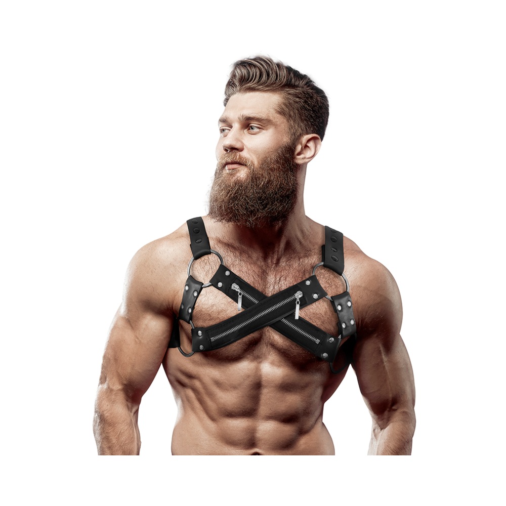 FETISH SUBMISSIVE ATTITUDE - ARNÊS DE NEOPRENE AJUSTVEL CROSS-OVER PEITO BULLDOG COM ZÍPERS PARA HOMENS