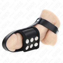 KINK - LEATHER PENIS CAGE RING WITH ADJUSTABLE COATED BALL DIVIDER STRAP