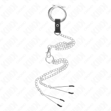 KINK - ANELLO PER PENE IN METALLO CROMATO TRIPLO DA 3 CM A 4,5 CM CON CATENA IN METALLO DA 26 CM E CLIP PER CAPEZZOLI