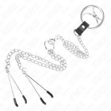 KINK - ANEL DE PÊNIS DE METAL TRIPLO CROMADO DE 3 CM A 4,5 CM COM CORRENTE DE METAL DE 26 CM E CLIPES DE MAMILO