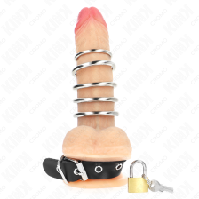 KINK - ANELLO PER PENE IN PELLE CON CINGHIA DI BLOCCAGGIO 21 X 2 CM E 5 ANELLI IN METALLO DA 3 CM A 4 CM