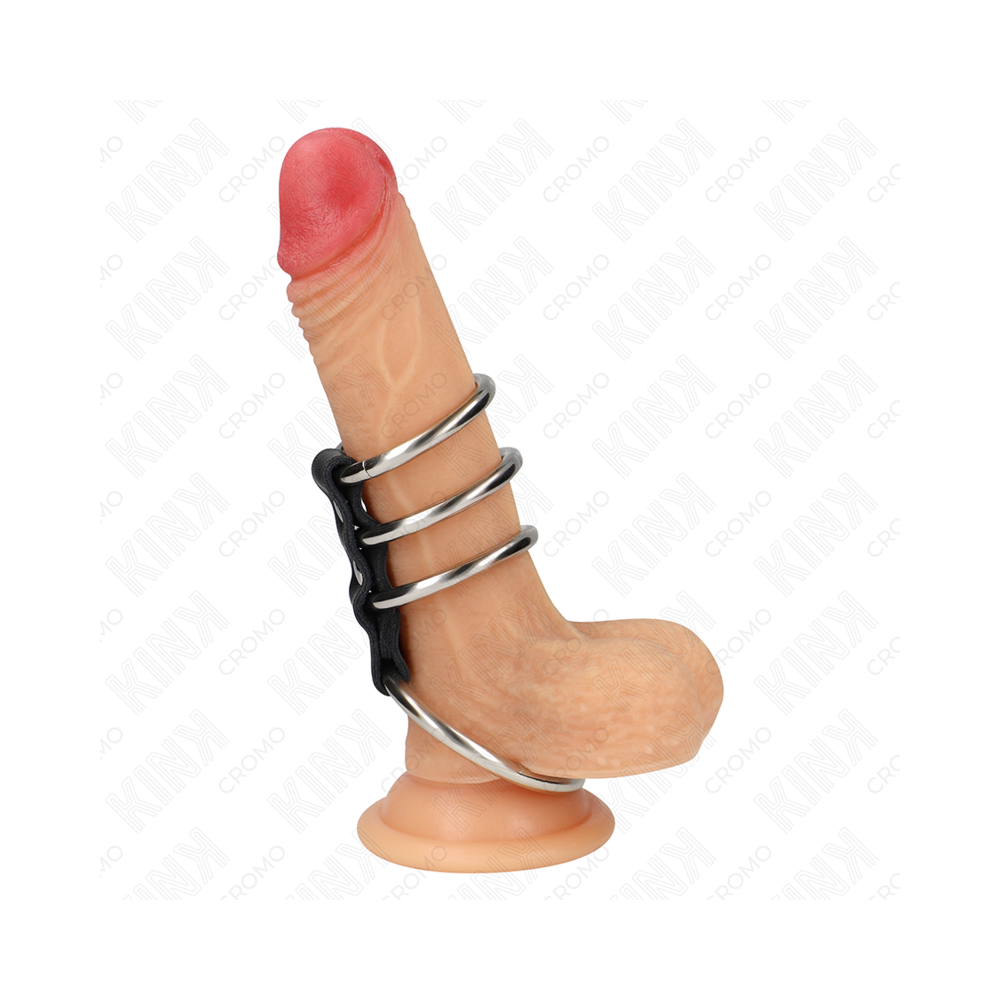 KINK - 4 ANELLI PER PENE IN METALLO DA 3,7 CM A 5 CM COLLEGATI DA PELLE