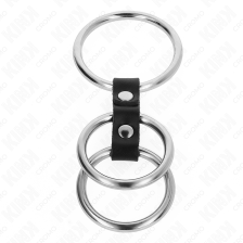 KINK - ANELLO PER PENE IN METALLO TRIPLO DA 3,7 CM A 5 CM COLLEGATO CON PELLE