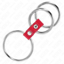 KINK - ANEL DE PÊNIS TRIPLO DE METAL DE 3,7 CM A 5 CM CONECTADO COM COURO VERMELHO