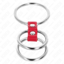 KINK - ANEL DE PÊNIS TRIPLO DE METAL DE 3,7 CM A 5 CM CONECTADO COM COURO VERMELHO