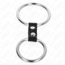 KINK - ANEL DE PÊNIS DUPLO DE METAL 3,7 CM A 5 CM CONECTADO POR TIRA DE COURO MODELO 4