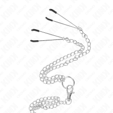 KINK - ANEL DE PÊNIS TRIPLO DE METAL CROMADO DE 3,8 CM A 5 CM COM CORRENTE DE METAL DE 26 CM E GRAMPOS DE MAMILOS MODELO 2