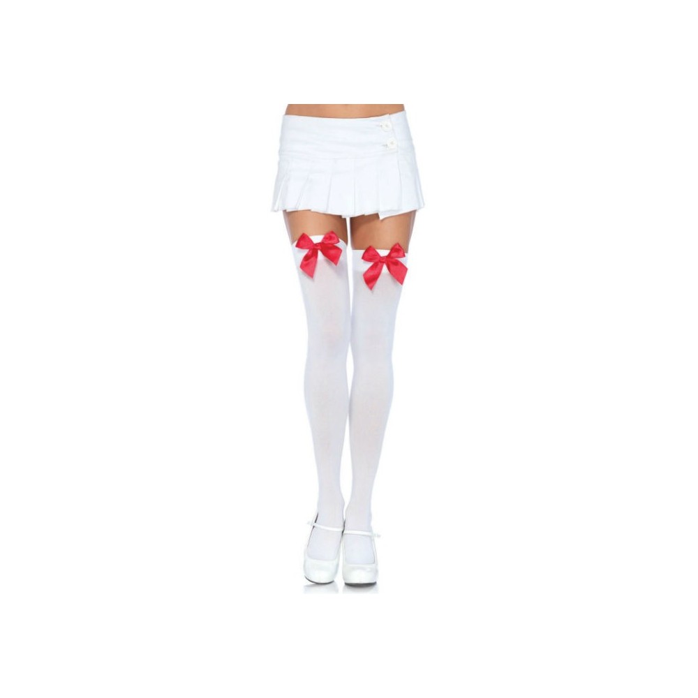 LEG AVENUE - NYLON THIGH HIGHS WITH BOW WHITE / RED