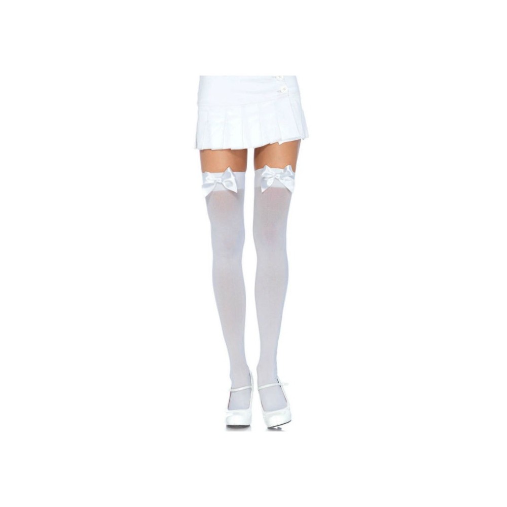 LEG AVENUE - CUISSES HAUTES EN NYLON AVEC NOEUD BLANC / BLANC