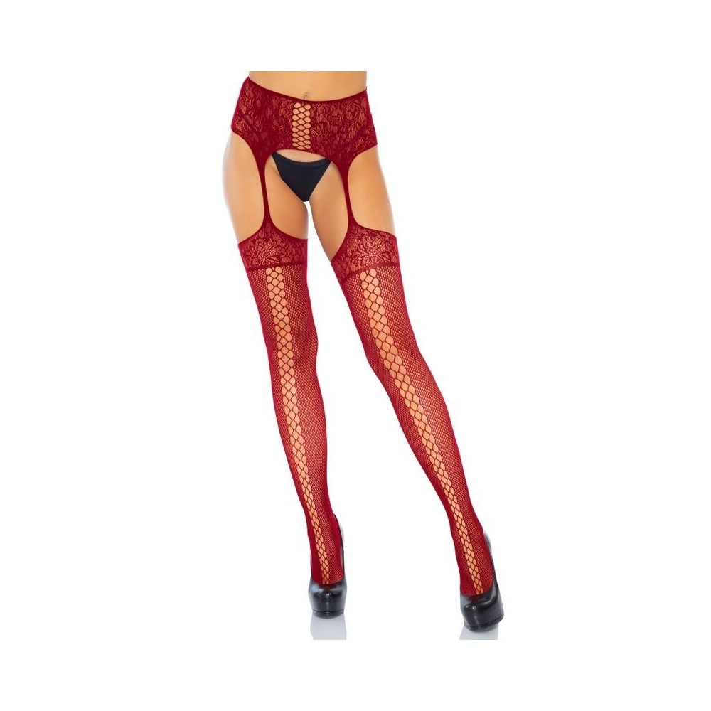 LEG AVENUE - BAS DENTELLE BORDEAUX AVEC JARRETIÈRE TAILLE UNIQUE