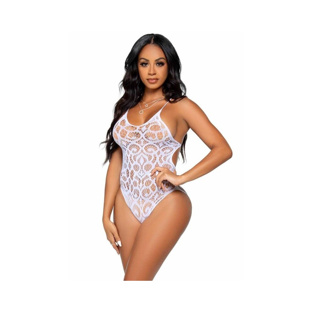 LEG AVENUE - SEAMLESS SCROLL LACE TEDDY - BRANCO