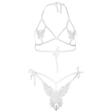 LEG AVENUE - SET DUE PEZZI REGGISENO E SLIP DI FARFALLE E PERLE TAGLIA UNICA - BIANCO